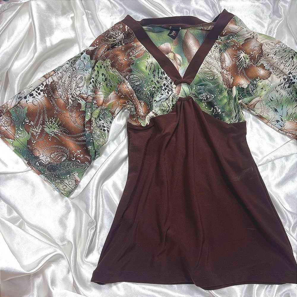 y2k Top Brown Excellent JL Abstract Paisley Floral O-Ring Bell Sleeve Vintage